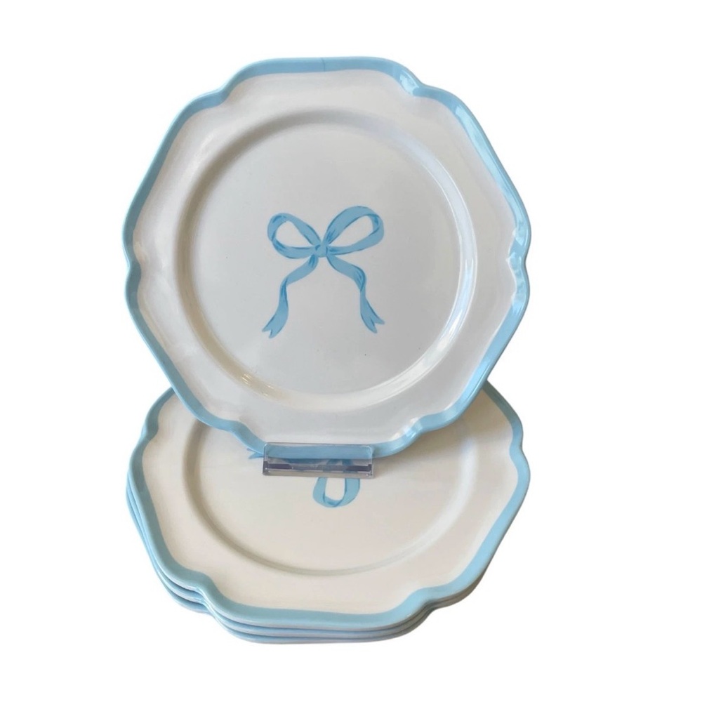 Shabby Chic Blue Bow Border Melamine Salad Plates 8.5in Set of 4